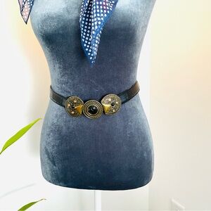 Vintage Genuine Leather Elegant Black and Gold Belt Accent-Bohemian Style 42”